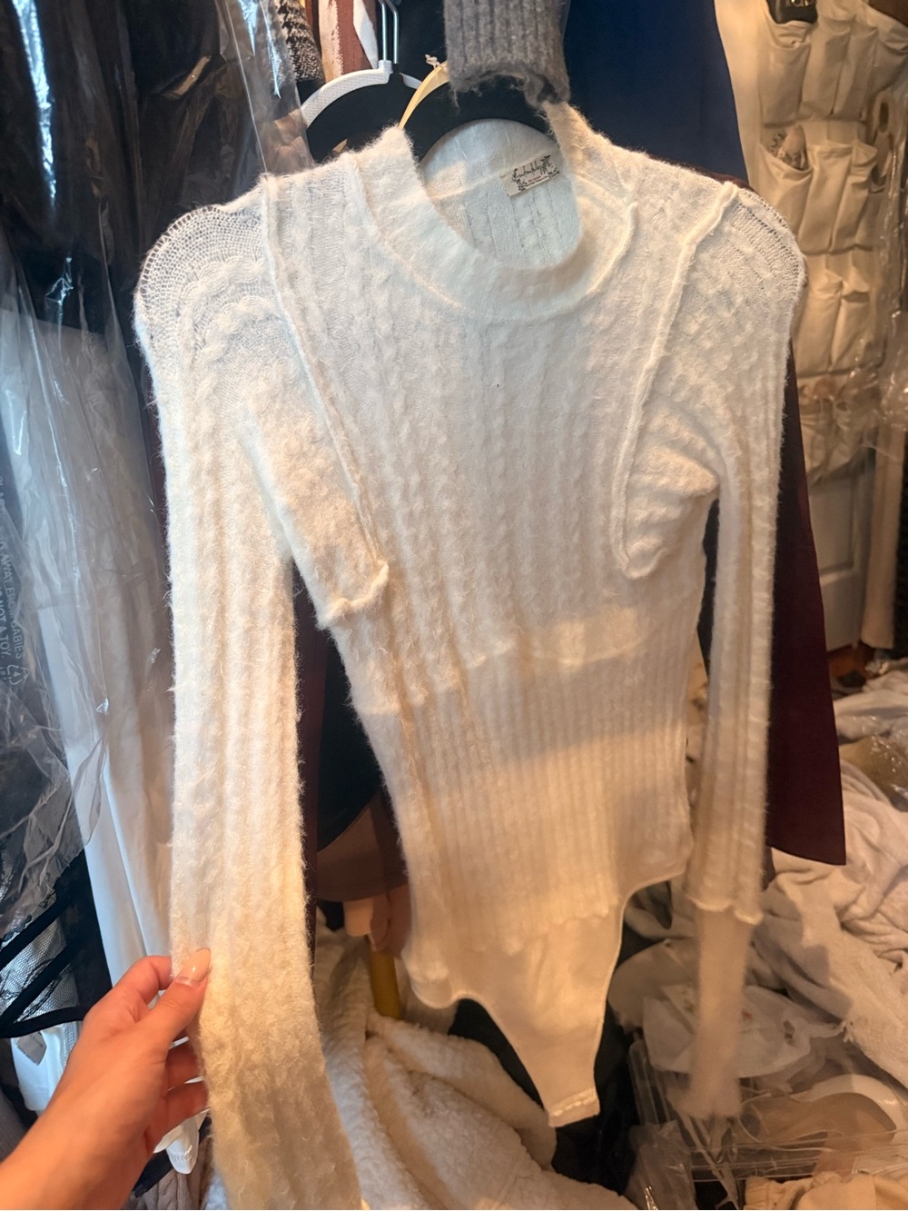 Free People Cream Fuzzy Cable Knit Sweater